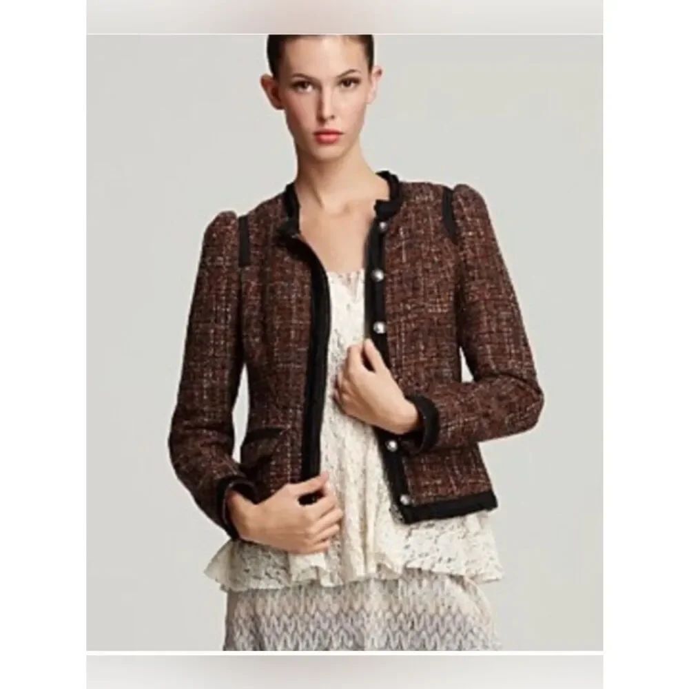 Free People multi-colored Coco tweed jacket with black trim. Preppy Lady jacket